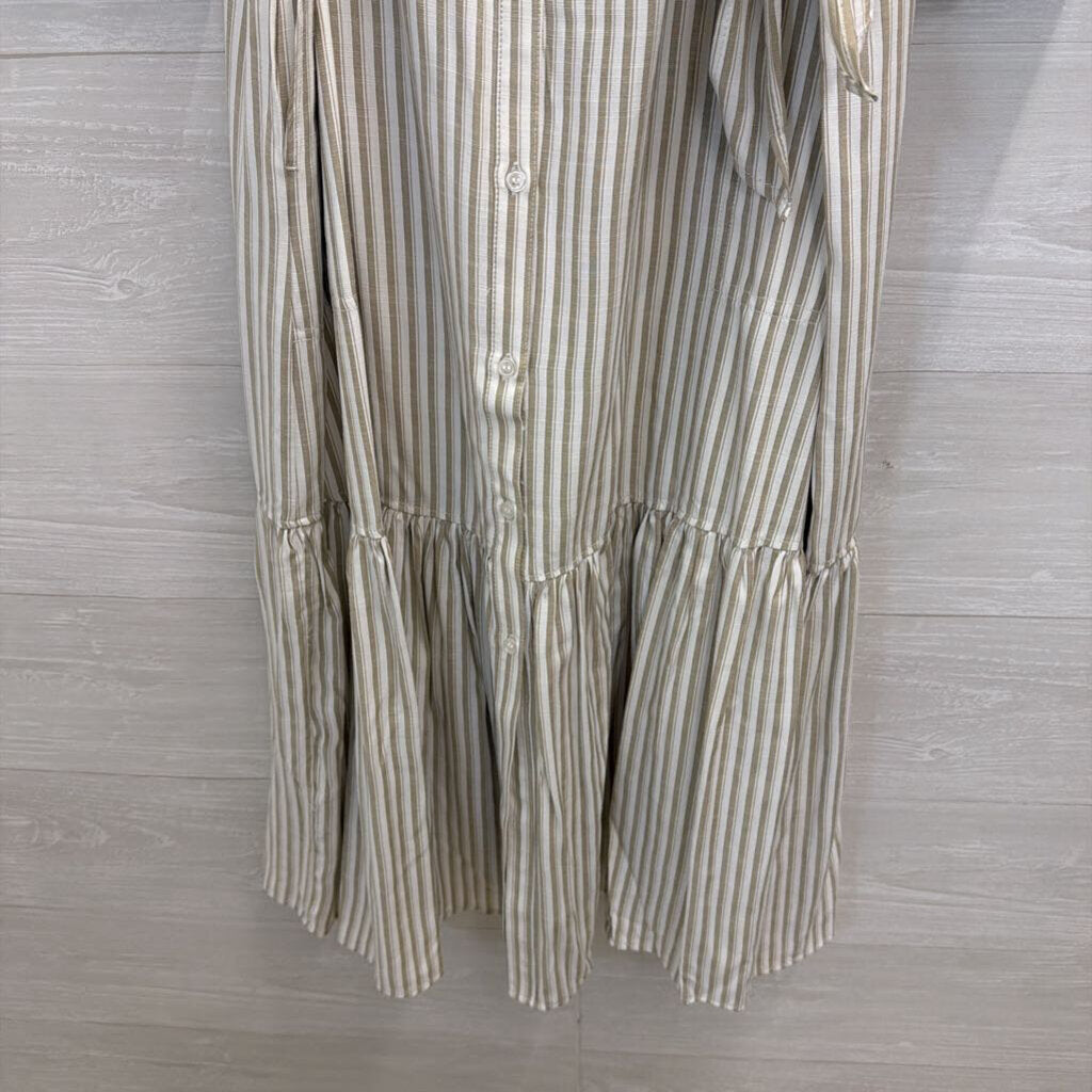 Max Studio White/ Beige Striped Long Sleeve Button Front Tie Waist Maxi Dress Extra Large