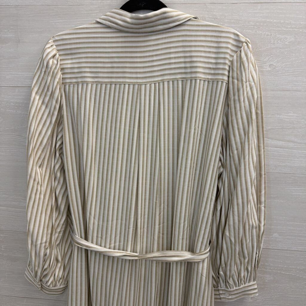 Max Studio White/ Beige Striped Long Sleeve Button Front Tie Waist Maxi Dress Extra Large