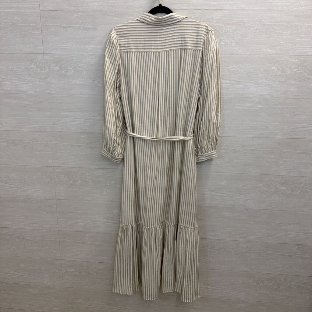 Max Studio White/ Beige Striped Long Sleeve Button Front Tie Waist Maxi Dress Extra Large