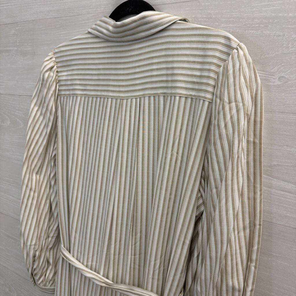 Max Studio White/ Beige Striped Long Sleeve Button Front Tie Waist Maxi Dress Extra Large