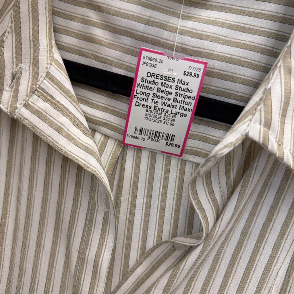 Max Studio White/ Beige Striped Long Sleeve Button Front Tie Waist Maxi Dress Extra Large