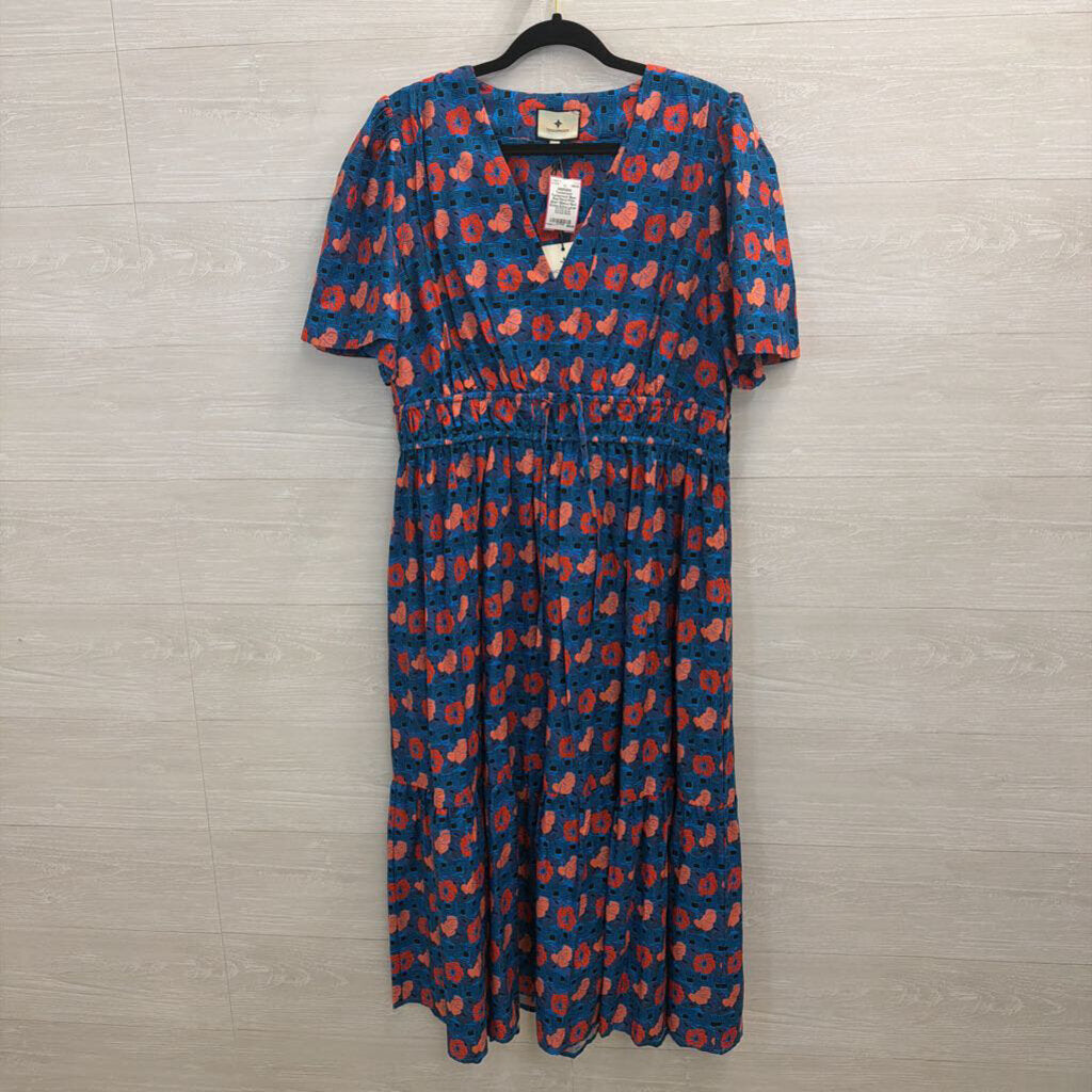 Tuckernuck Blue/ Red Floral Print Short Sleeve Maxi Dress Extra Large