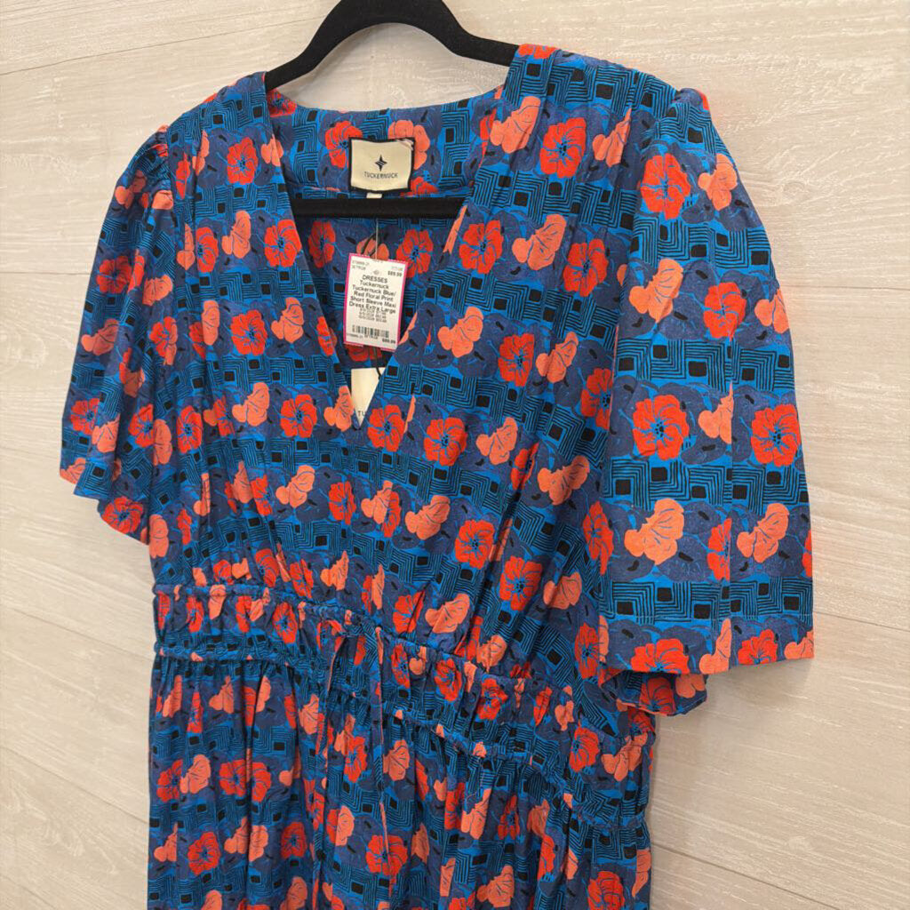 Tuckernuck Blue/ Red Floral Print Short Sleeve Maxi Dress Extra Large