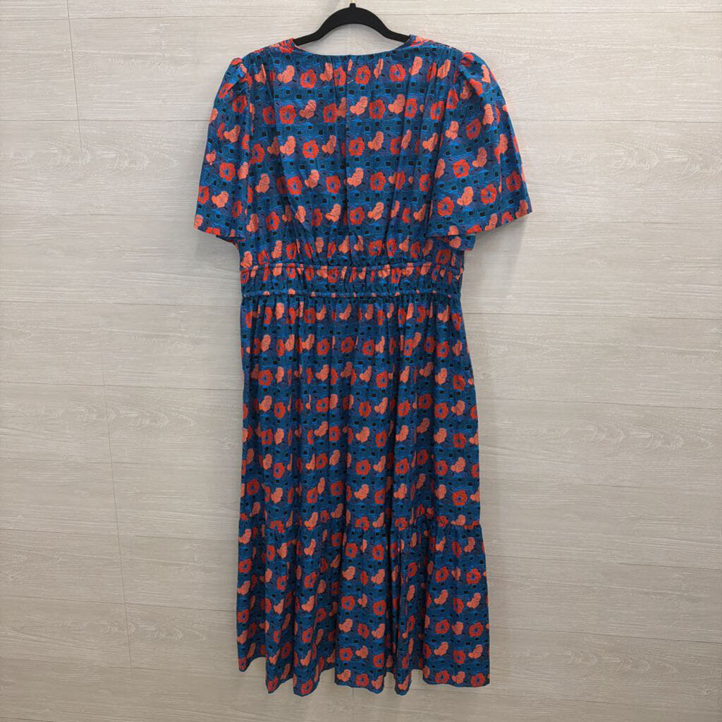 Tuckernuck Blue/ Red Floral Print Short Sleeve Maxi Dress Extra Large