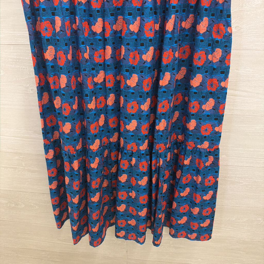 Tuckernuck Blue/ Red Floral Print Short Sleeve Maxi Dress Extra Large