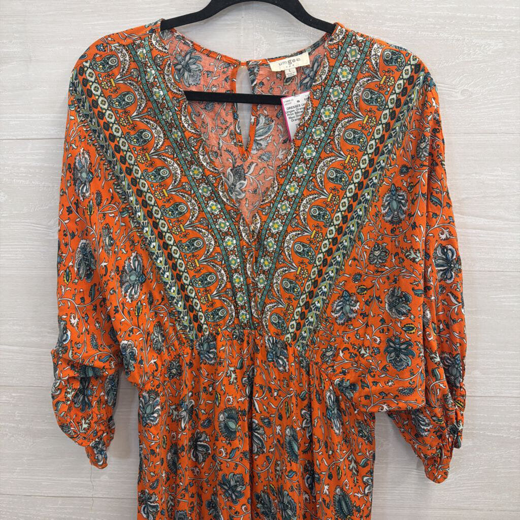 Umgee Orange/ Multi Print Billow Sleeve Maxi Dress Large
