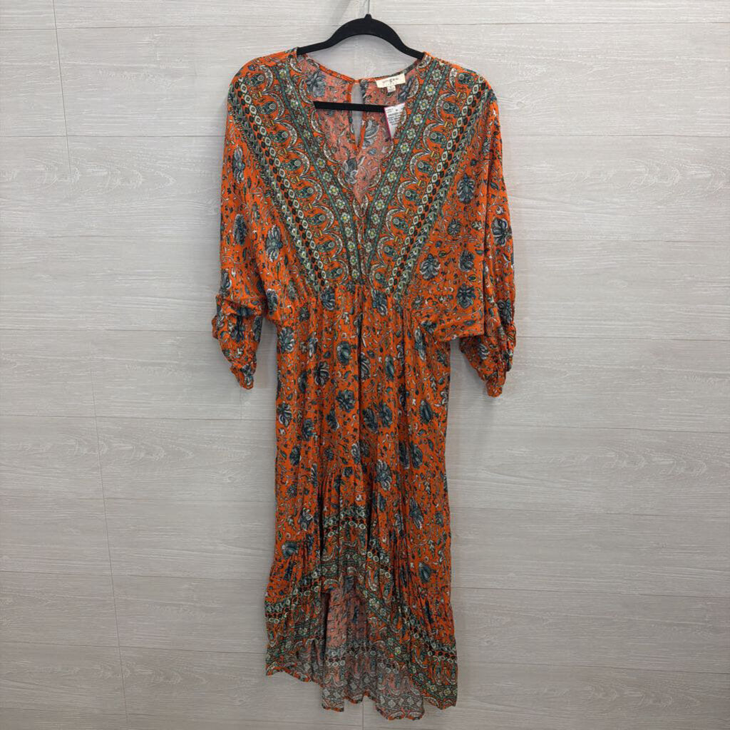 Umgee Orange/ Multi Print Billow Sleeve Maxi Dress Large