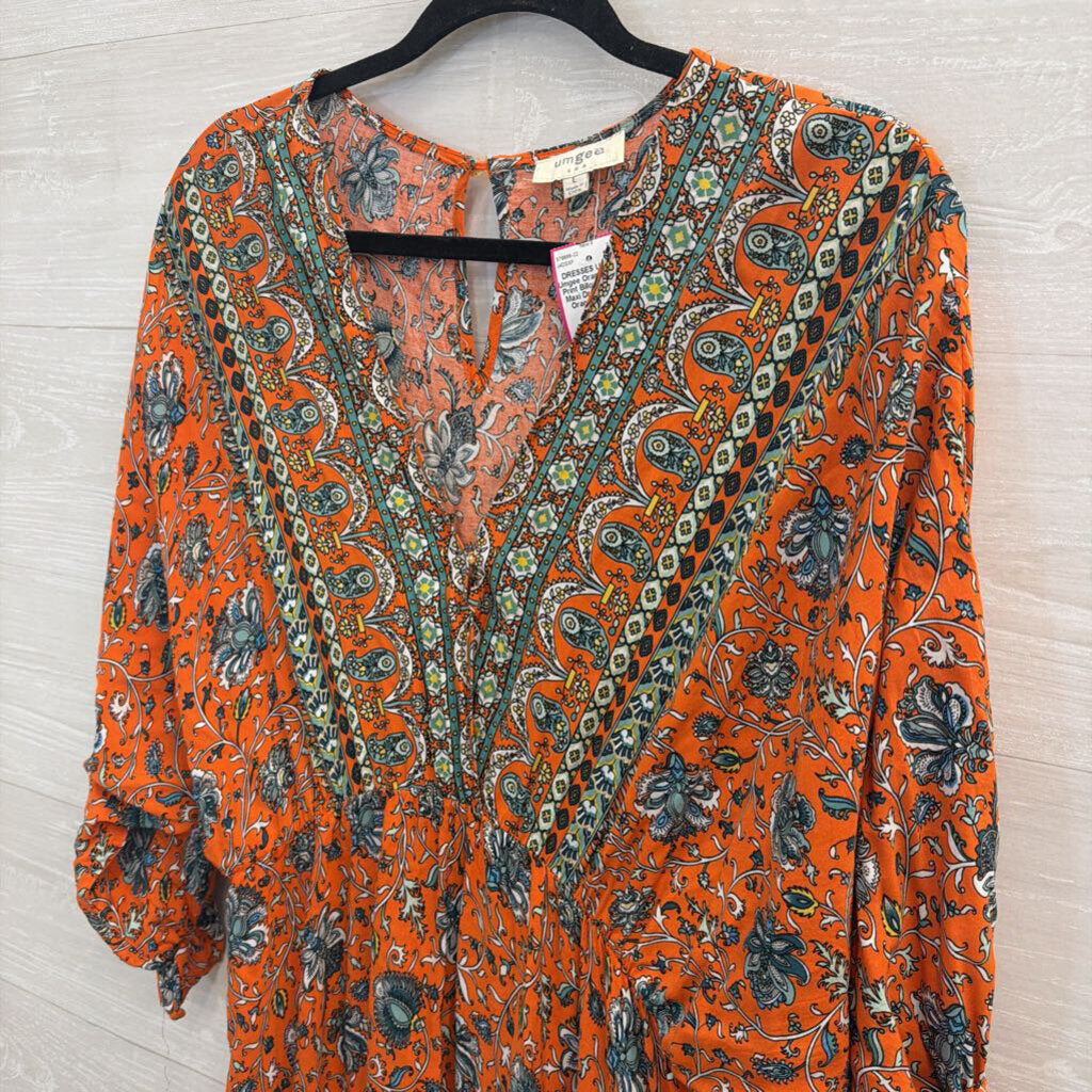 Umgee Orange/ Multi Print Billow Sleeve Maxi Dress Large