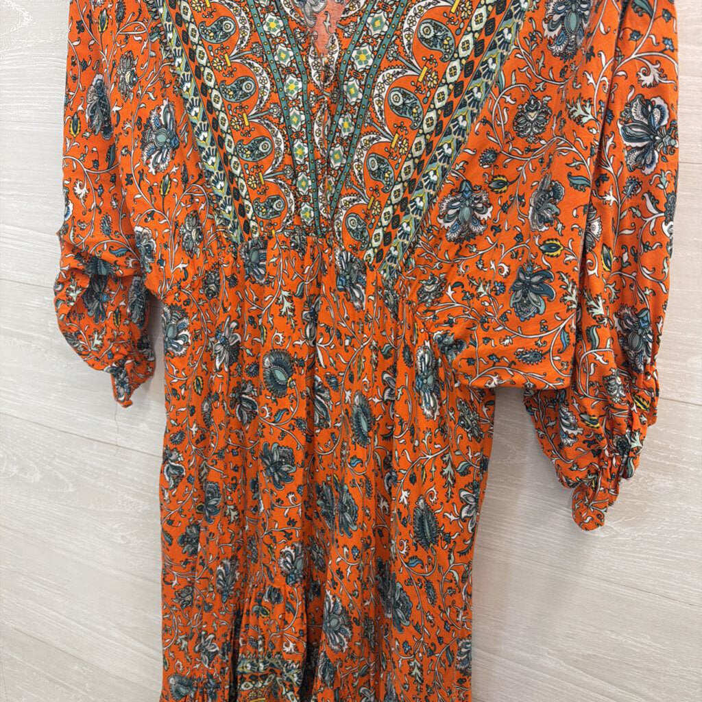 Umgee Orange/ Multi Print Billow Sleeve Maxi Dress Large
