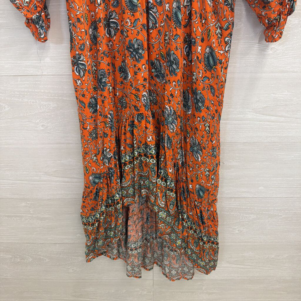 Umgee Orange/ Multi Print Billow Sleeve Maxi Dress Large