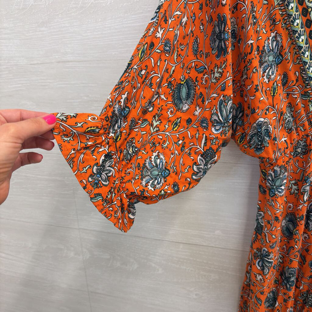 Umgee Orange/ Multi Print Billow Sleeve Maxi Dress Large