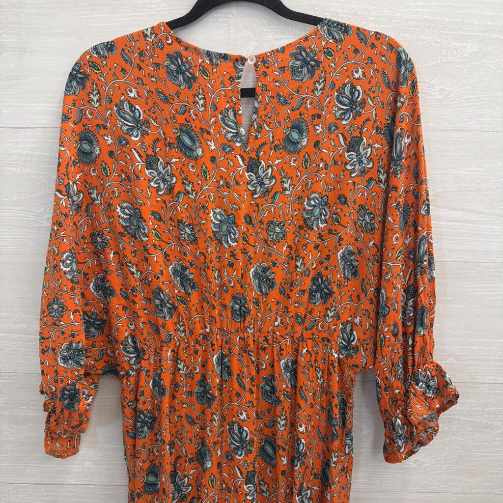 Umgee Orange/ Multi Print Billow Sleeve Maxi Dress Large