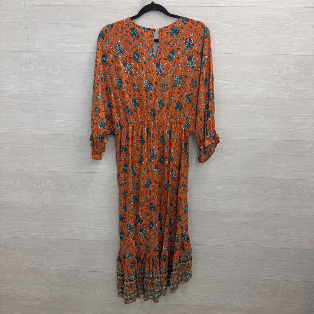 Umgee Orange/ Multi Print Billow Sleeve Maxi Dress Large