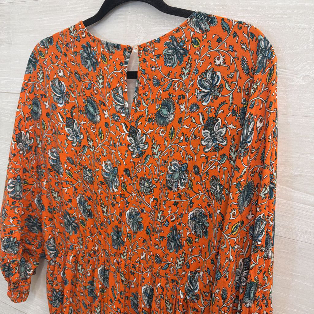 Umgee Orange/ Multi Print Billow Sleeve Maxi Dress Large