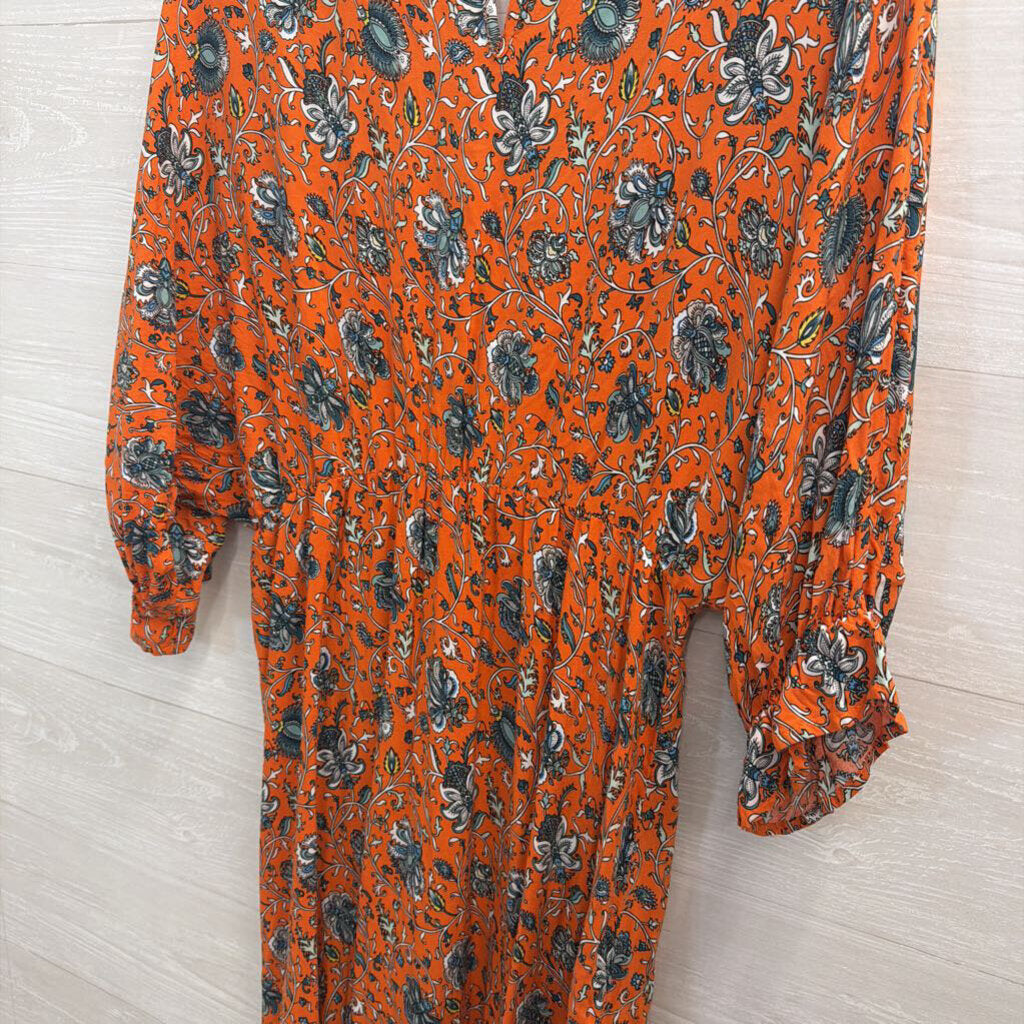 Umgee Orange/ Multi Print Billow Sleeve Maxi Dress Large