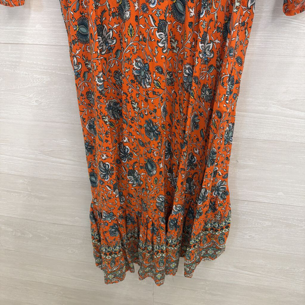 Umgee Orange/ Multi Print Billow Sleeve Maxi Dress Large
