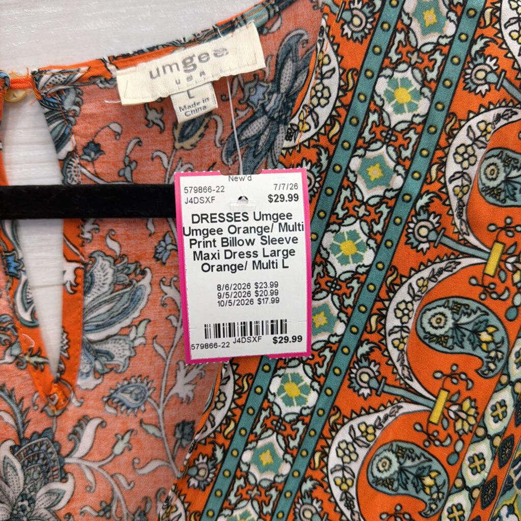 Umgee Orange/ Multi Print Billow Sleeve Maxi Dress Large