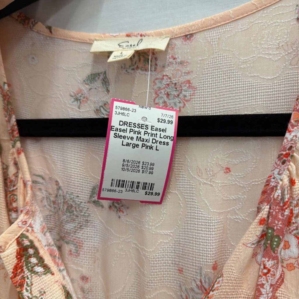 Easel Pink Print Long Sleeve Maxi Dress Large