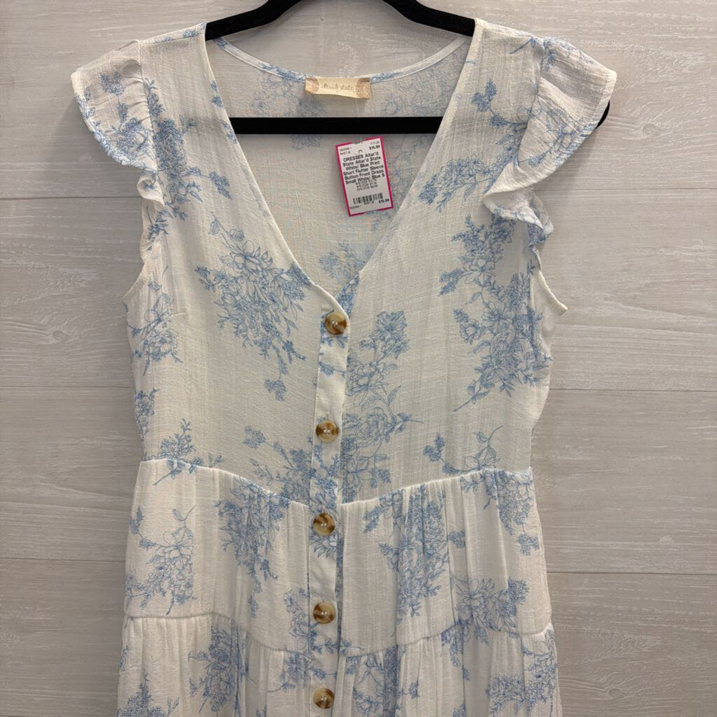 Altar'd State White/ Blue Print Short Flutter Sleeve Button Front Dress Small