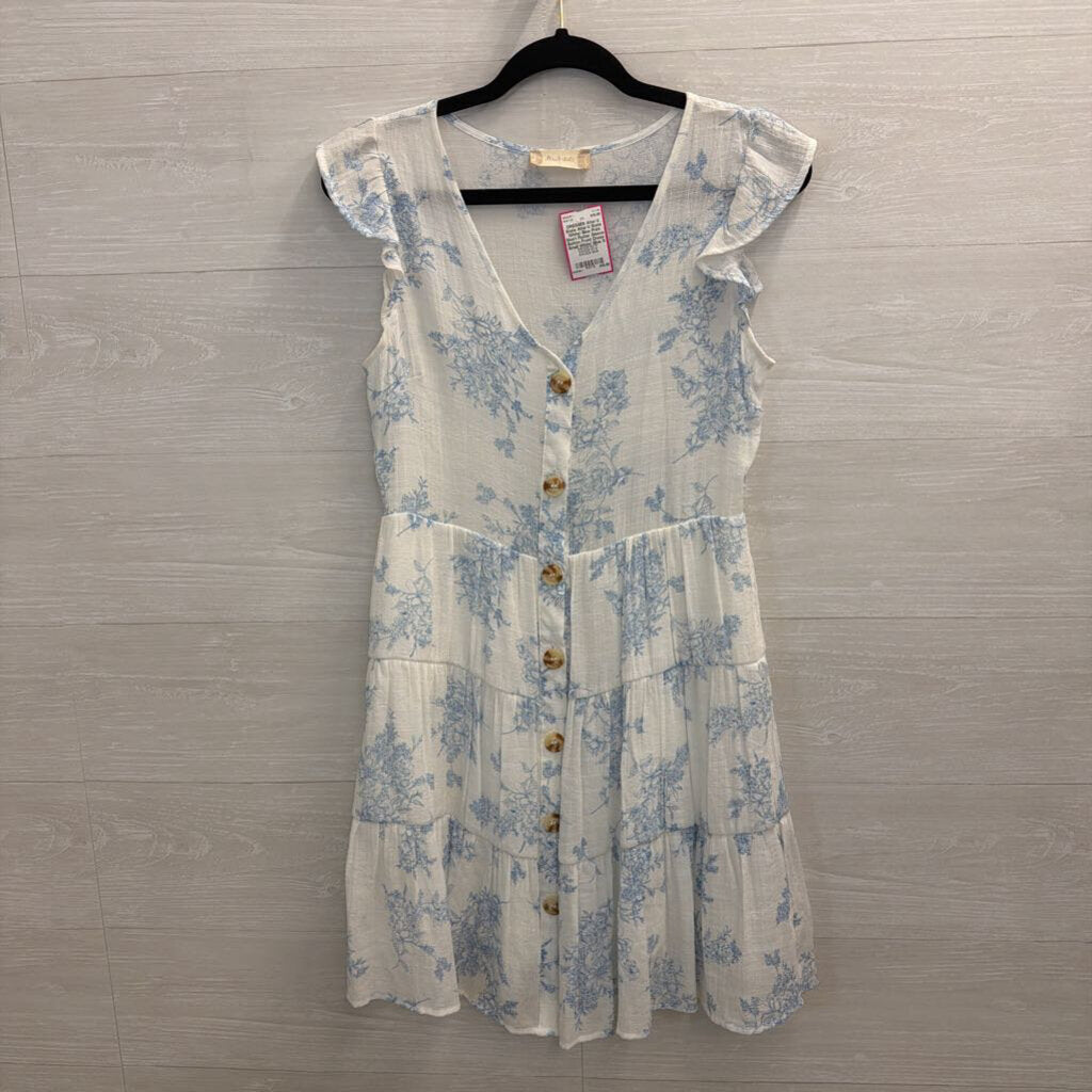Altar'd State White/ Blue Print Short Flutter Sleeve Button Front Dress Small