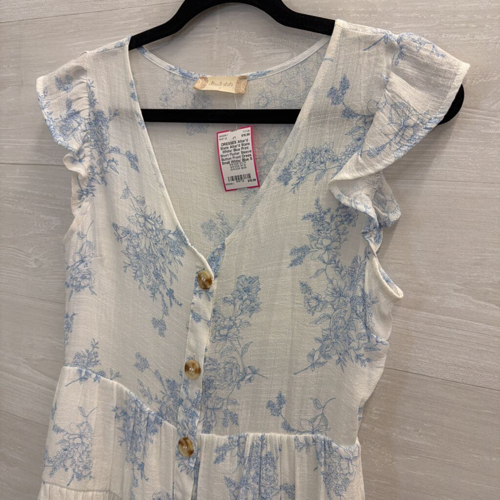 Altar'd State White/ Blue Print Short Flutter Sleeve Button Front Dress Small