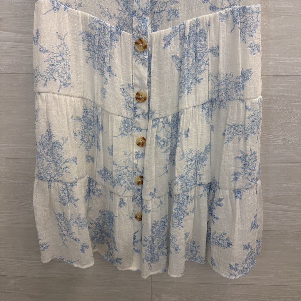 Altar'd State White/ Blue Print Short Flutter Sleeve Button Front Dress Small