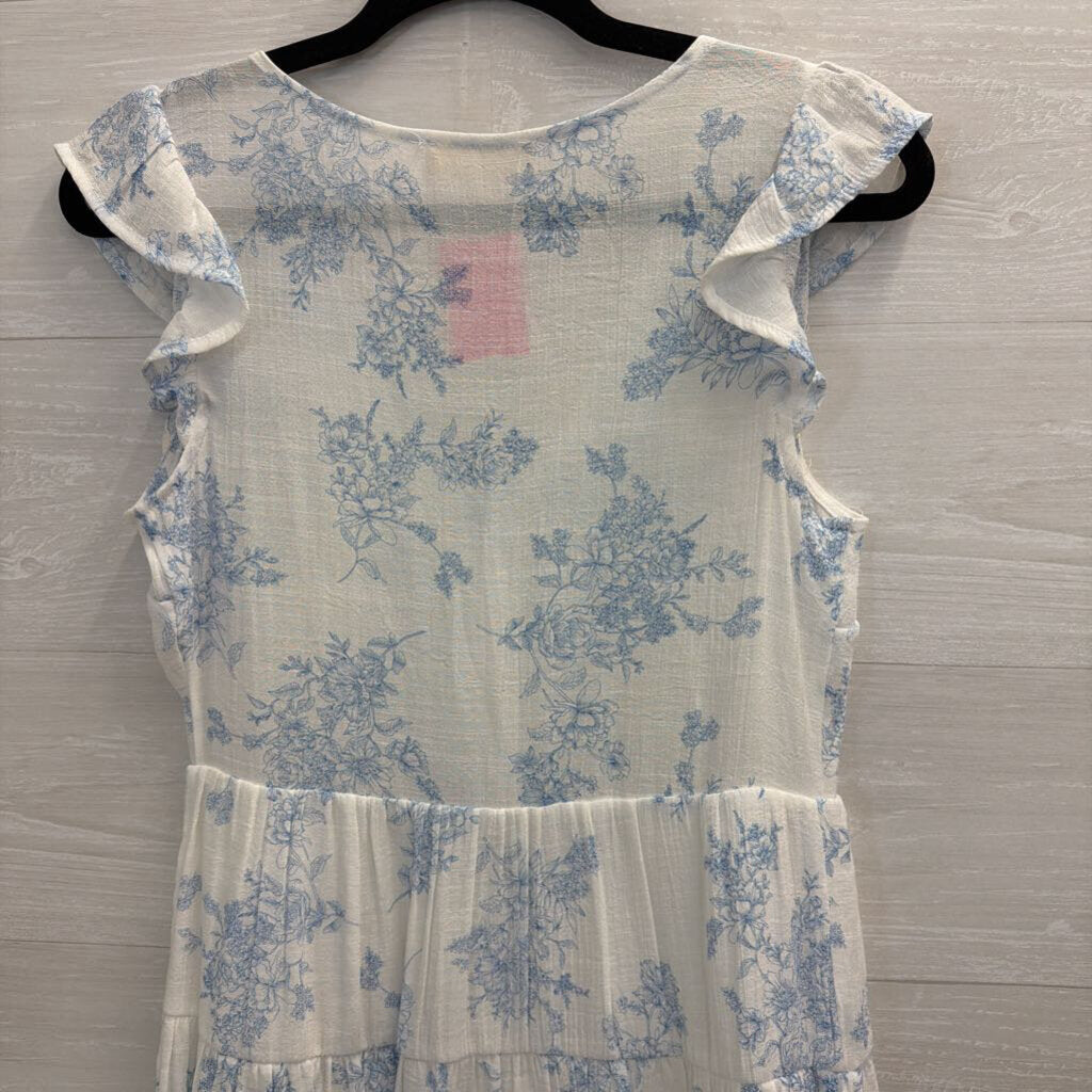 Altar'd State White/ Blue Print Short Flutter Sleeve Button Front Dress Small