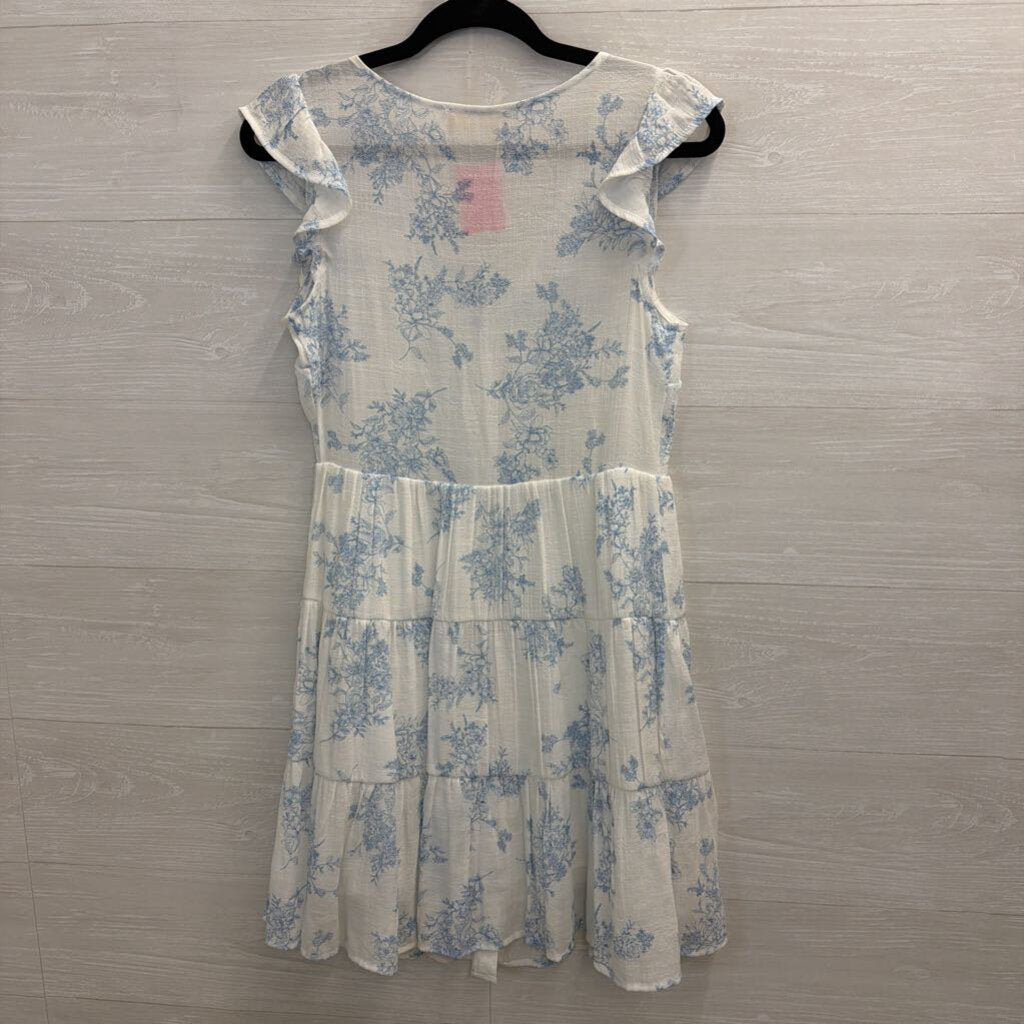 Altar'd State White/ Blue Print Short Flutter Sleeve Button Front Dress Small