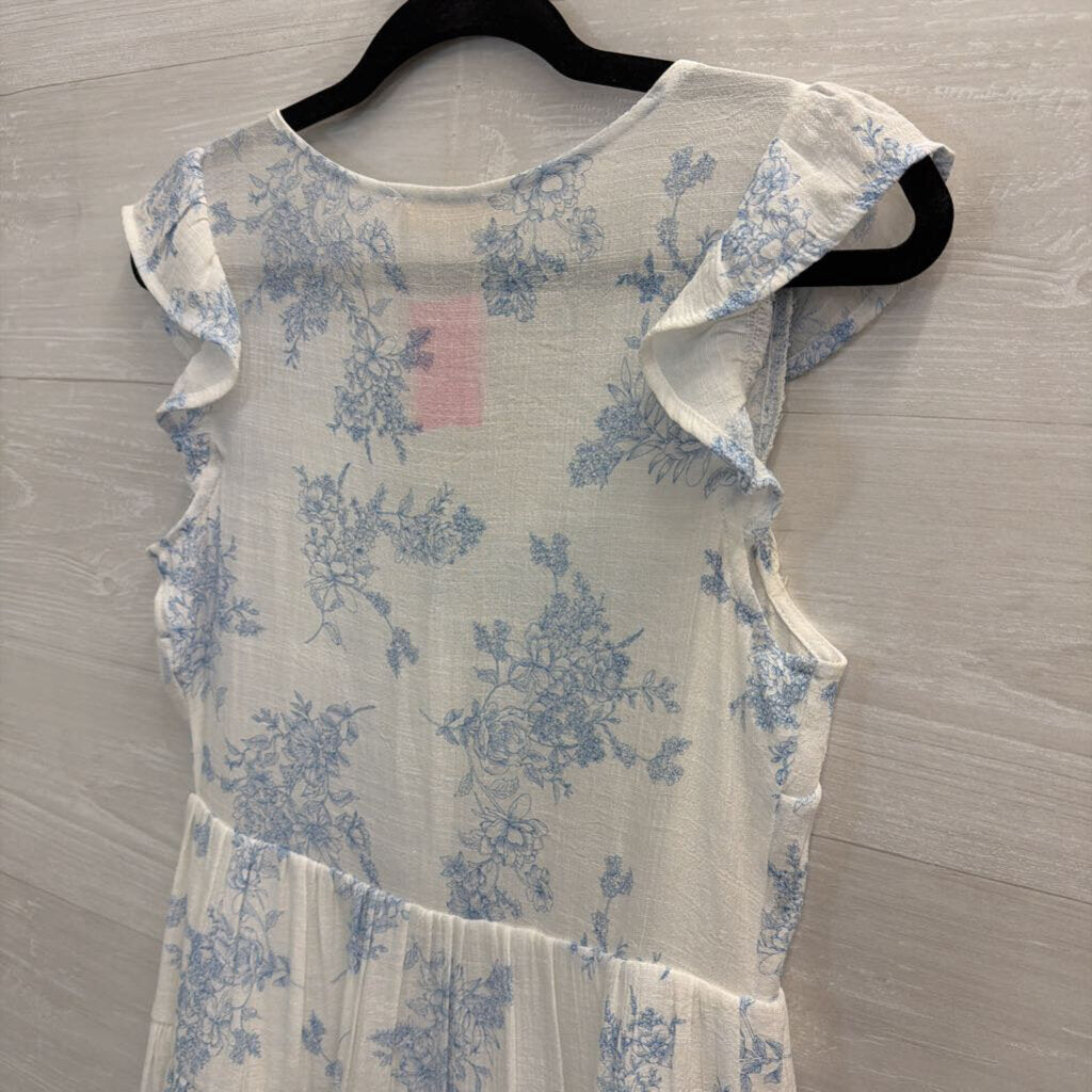 Altar'd State White/ Blue Print Short Flutter Sleeve Button Front Dress Small