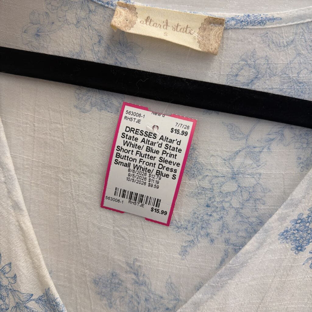 Altar'd State White/ Blue Print Short Flutter Sleeve Button Front Dress Small
