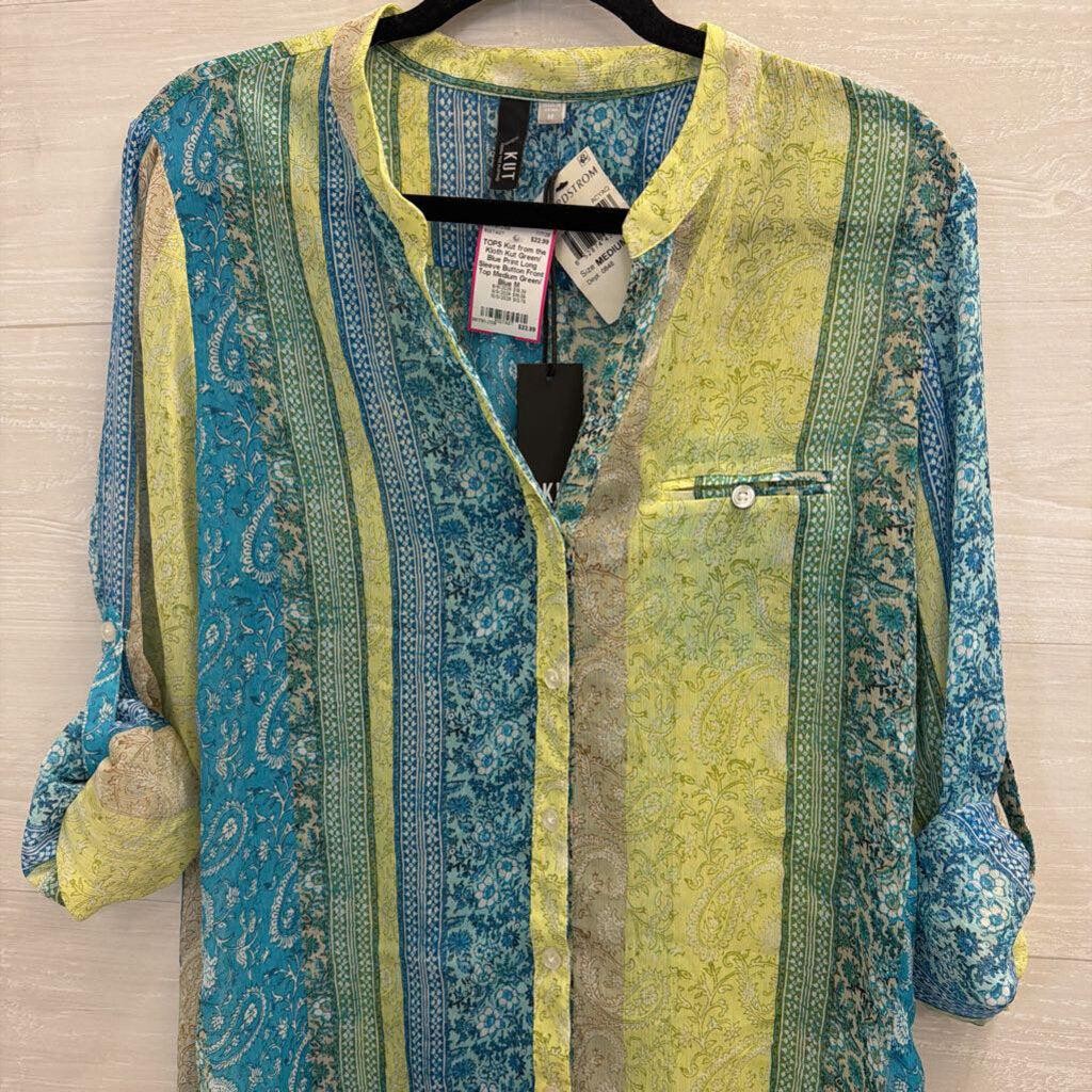 Kut Green/ Blue Print Long Sleeve Button Front Top Medium