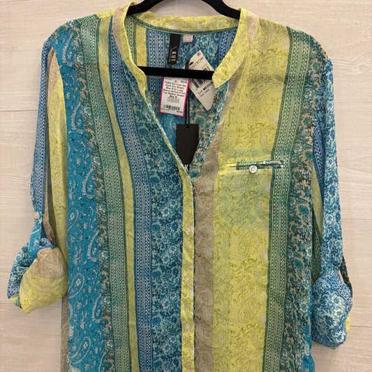Kut Green/ Blue Print Long Sleeve Button Front Top Medium