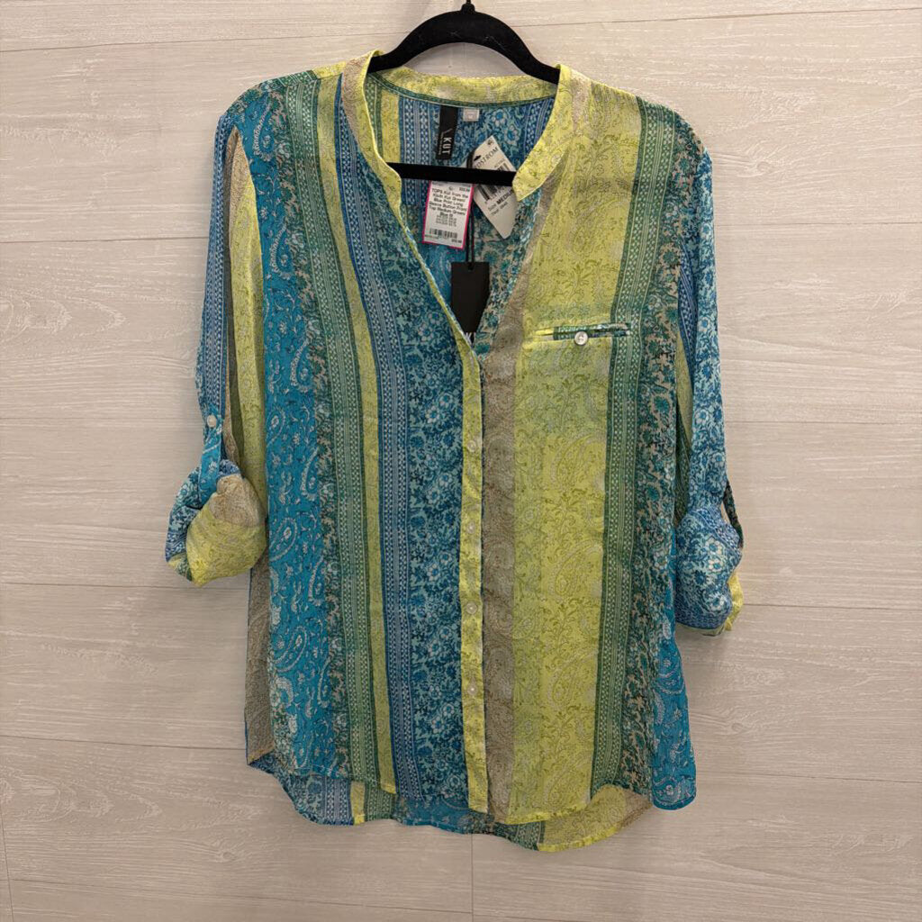 Kut Green/ Blue Print Long Sleeve Button Front Top Medium