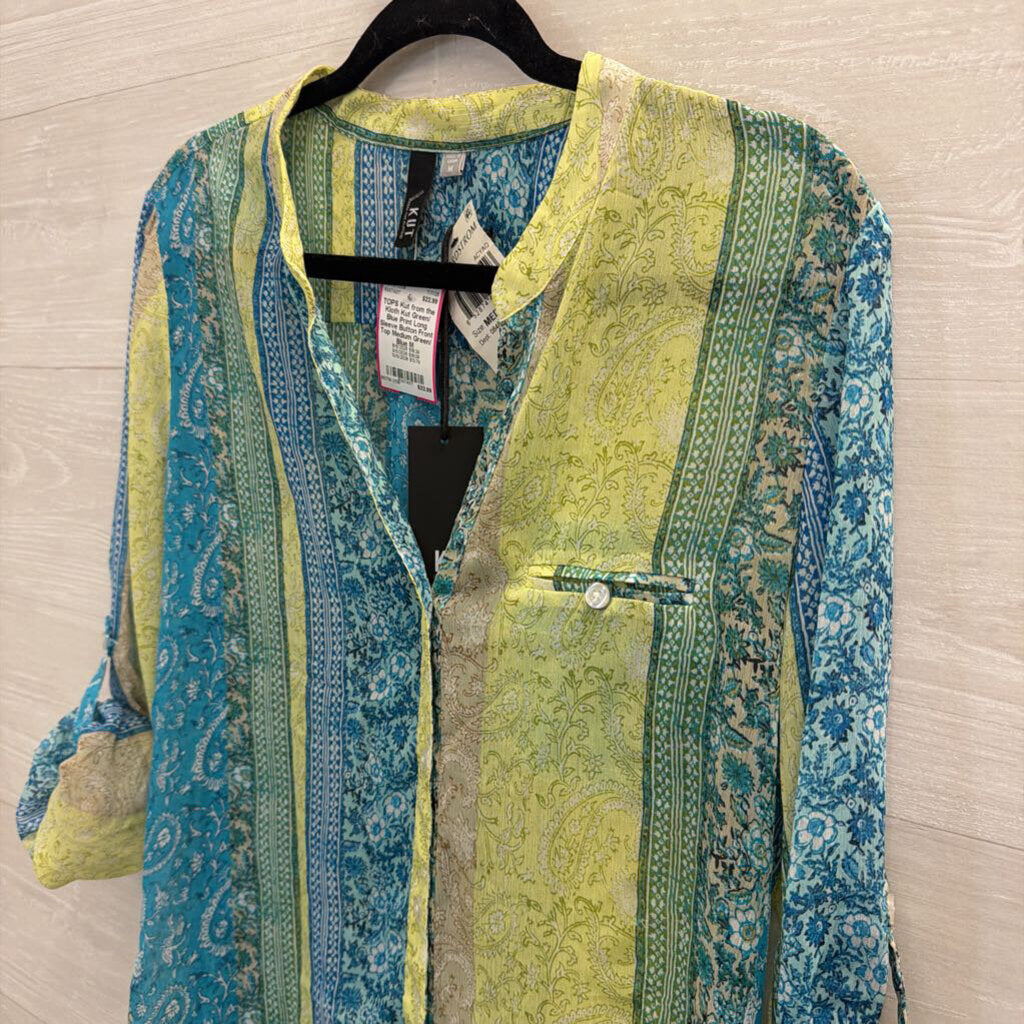 Kut Green/ Blue Print Long Sleeve Button Front Top Medium