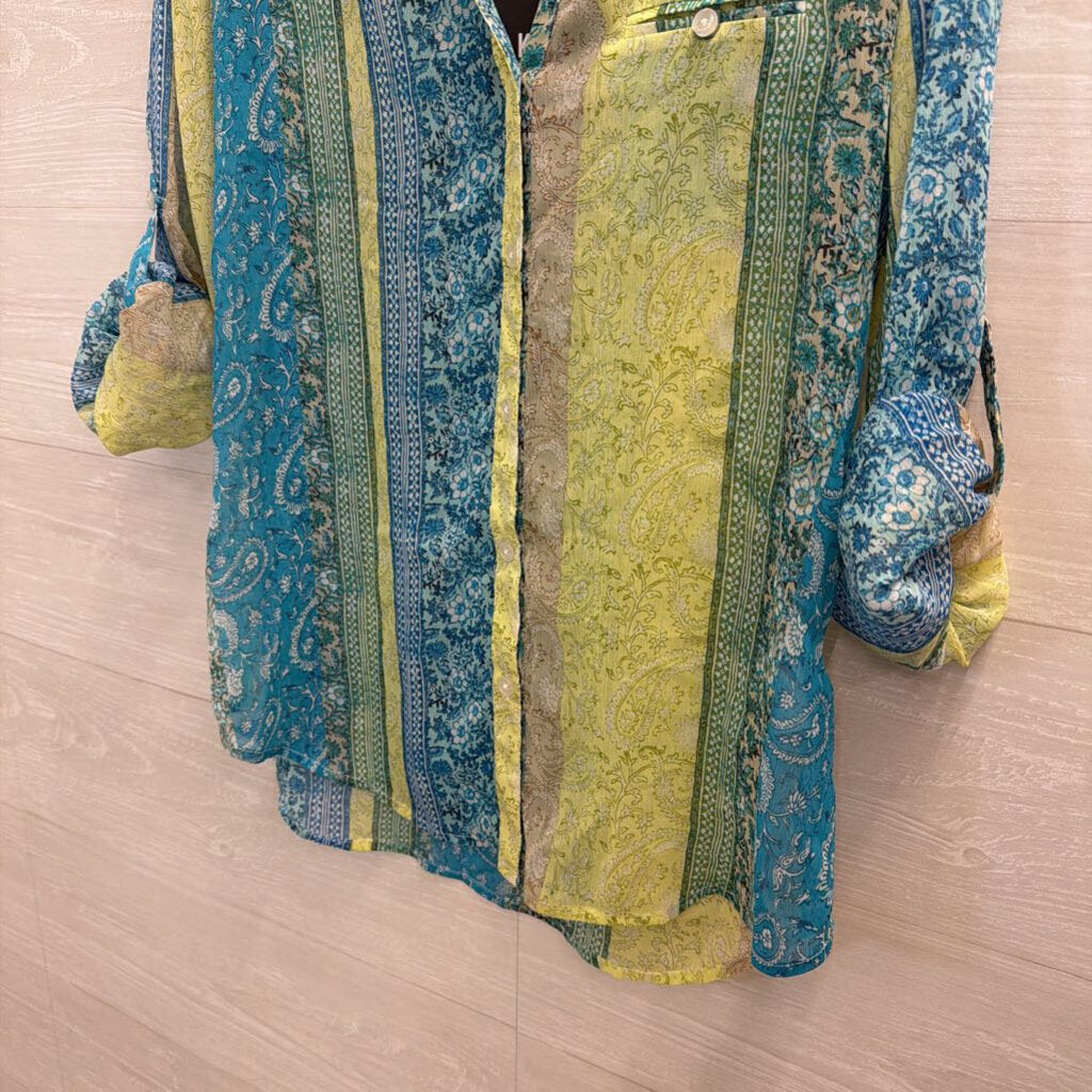 Kut Green/ Blue Print Long Sleeve Button Front Top Medium