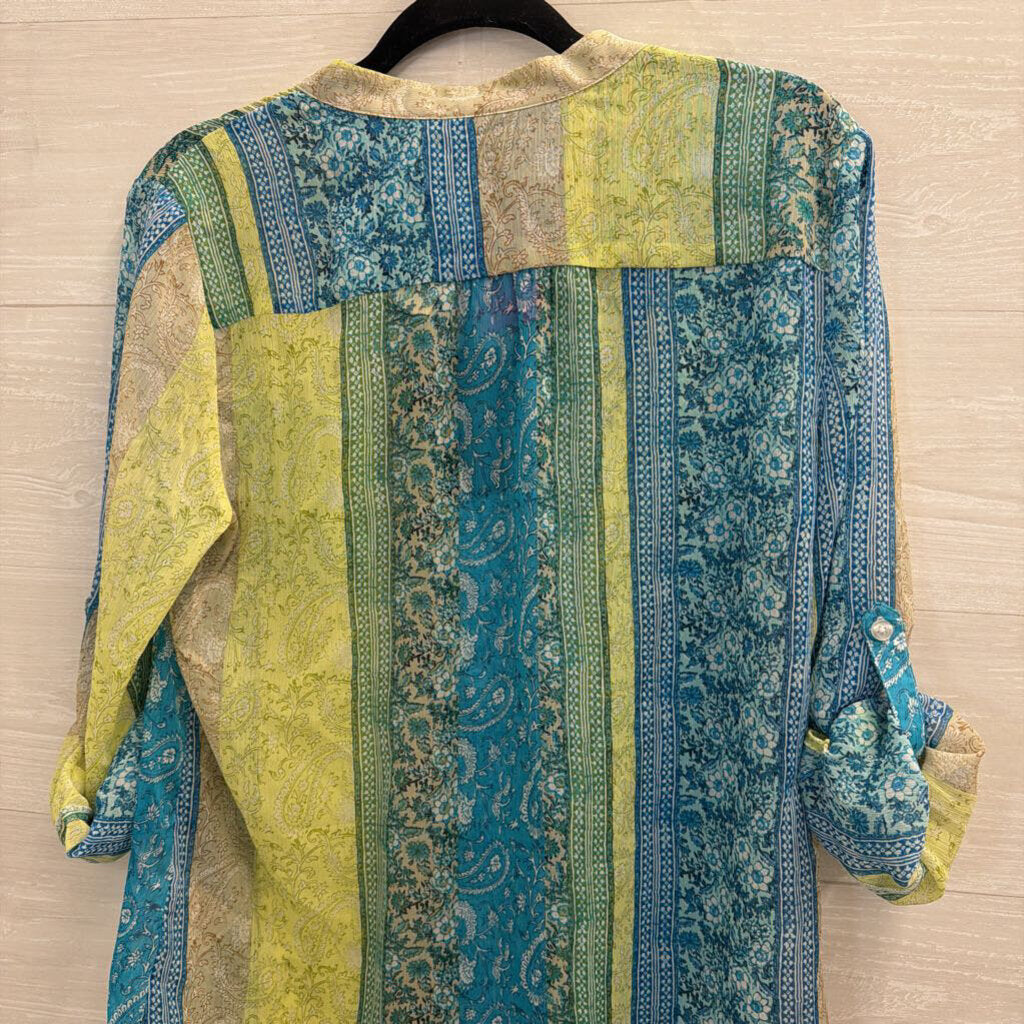 Kut Green/ Blue Print Long Sleeve Button Front Top Medium
