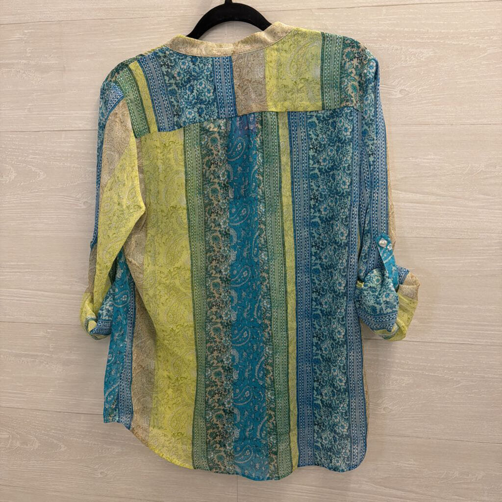 Kut Green/ Blue Print Long Sleeve Button Front Top Medium