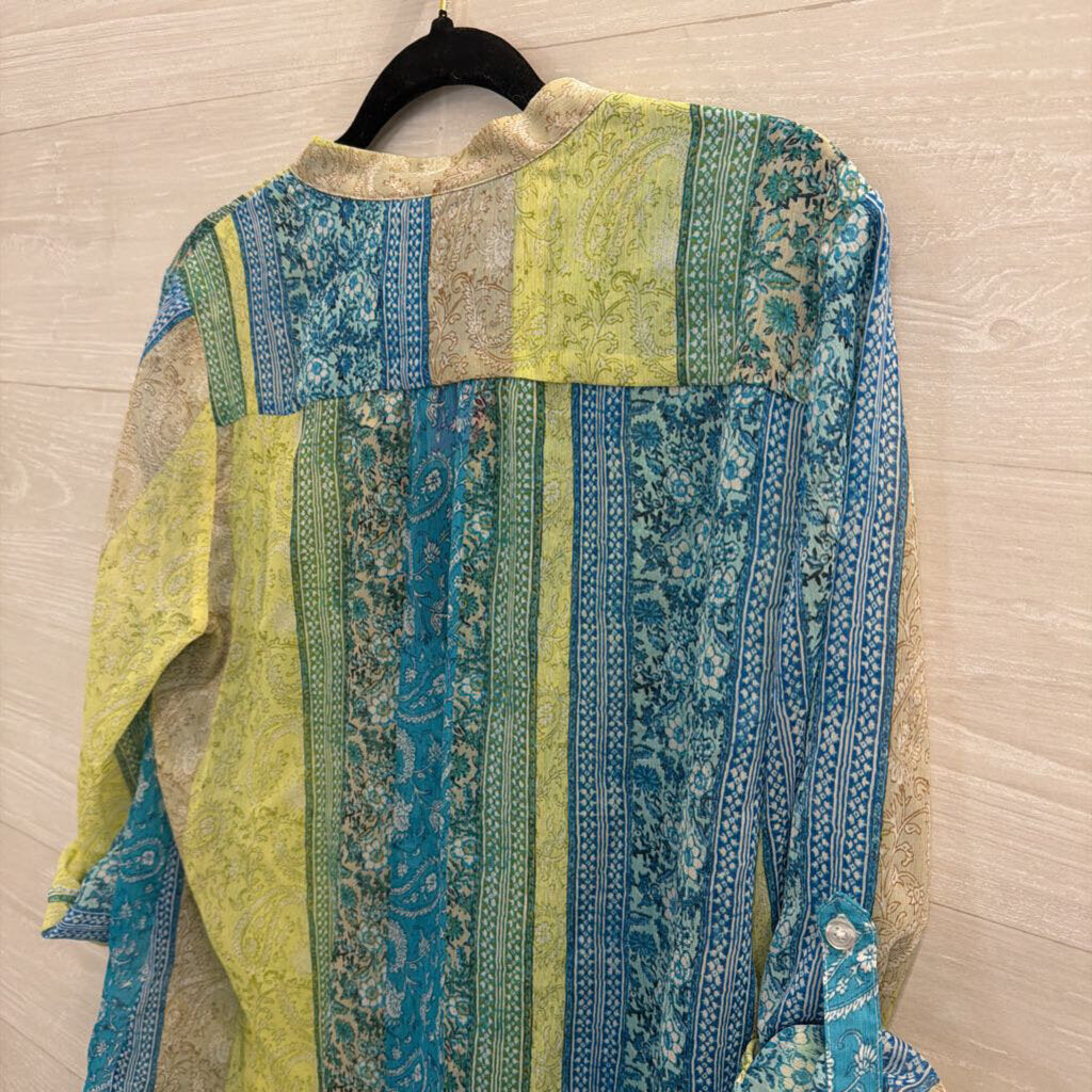 Kut Green/ Blue Print Long Sleeve Button Front Top Medium