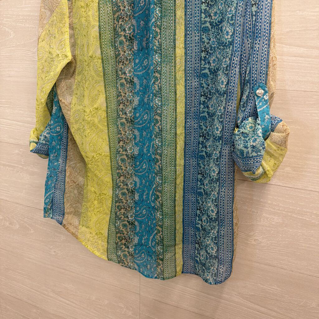 Kut Green/ Blue Print Long Sleeve Button Front Top Medium