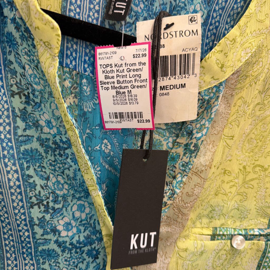 Kut Green/ Blue Print Long Sleeve Button Front Top Medium