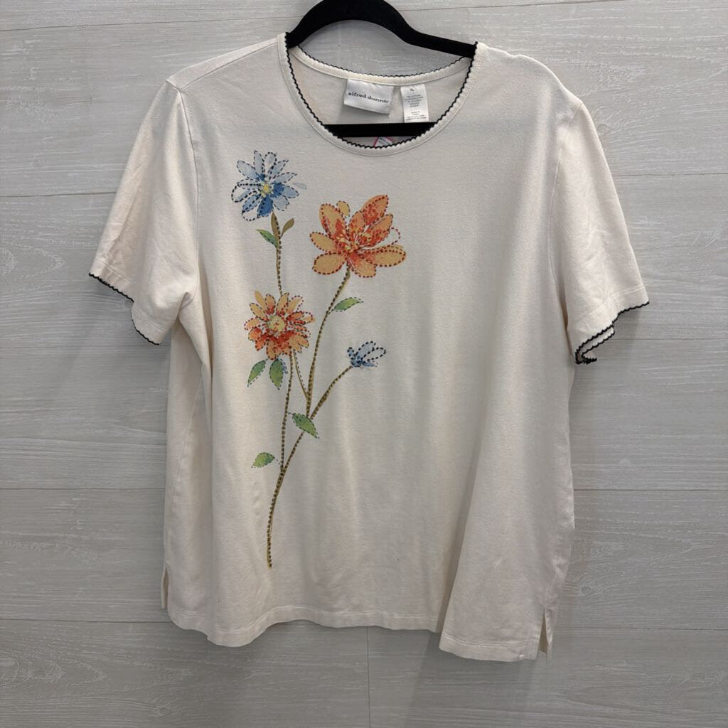 Alfred Dunner White/ Multi Embroidered Flower Short Sleeve Top Extra Large