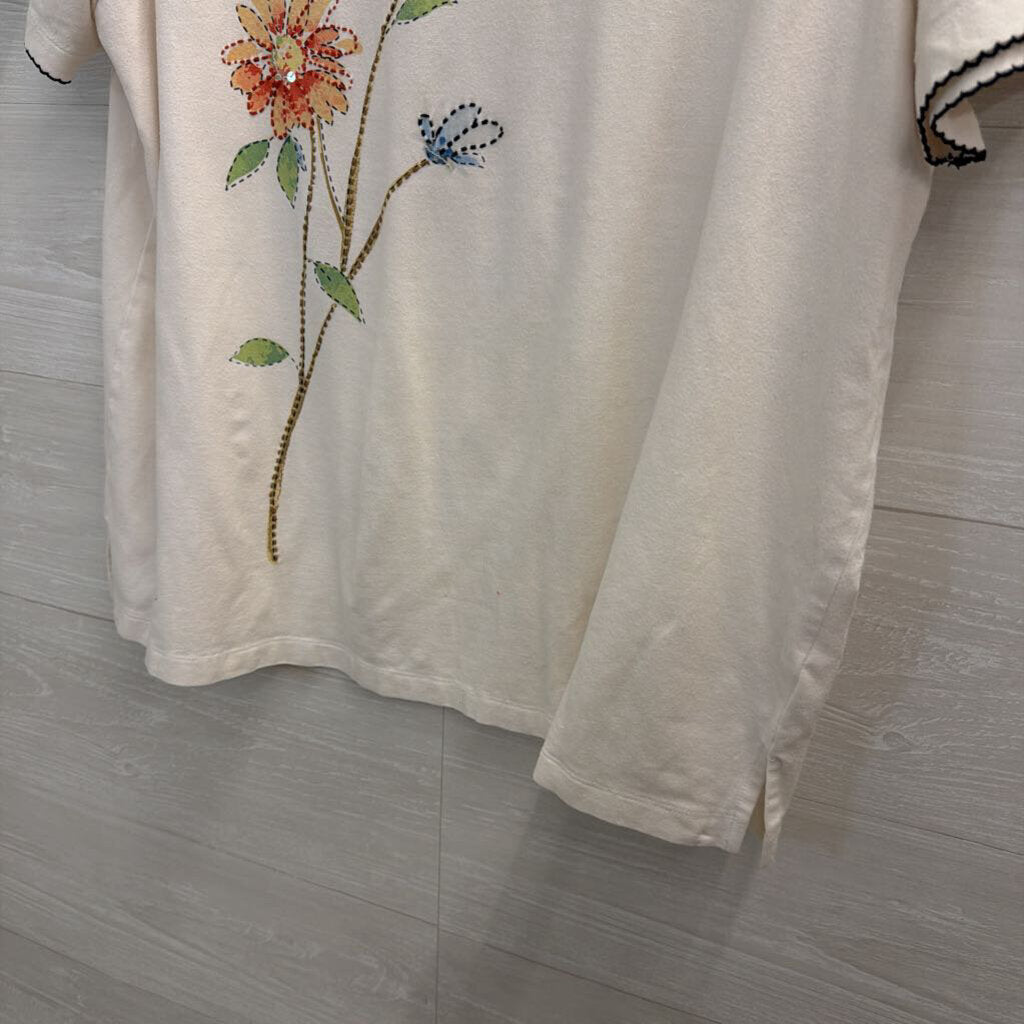 Alfred Dunner White/ Multi Embroidered Flower Short Sleeve Top Extra Large
