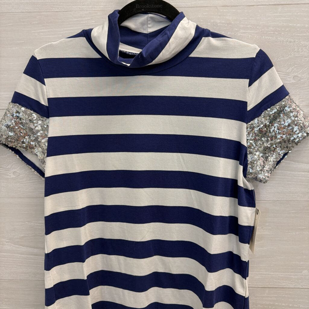 Maeve Navy/ White Striped Sequin Short Sleeve Top Small