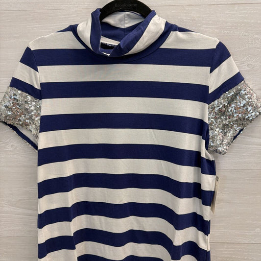 Maeve Navy/ White Striped Sequin Short Sleeve Top Small