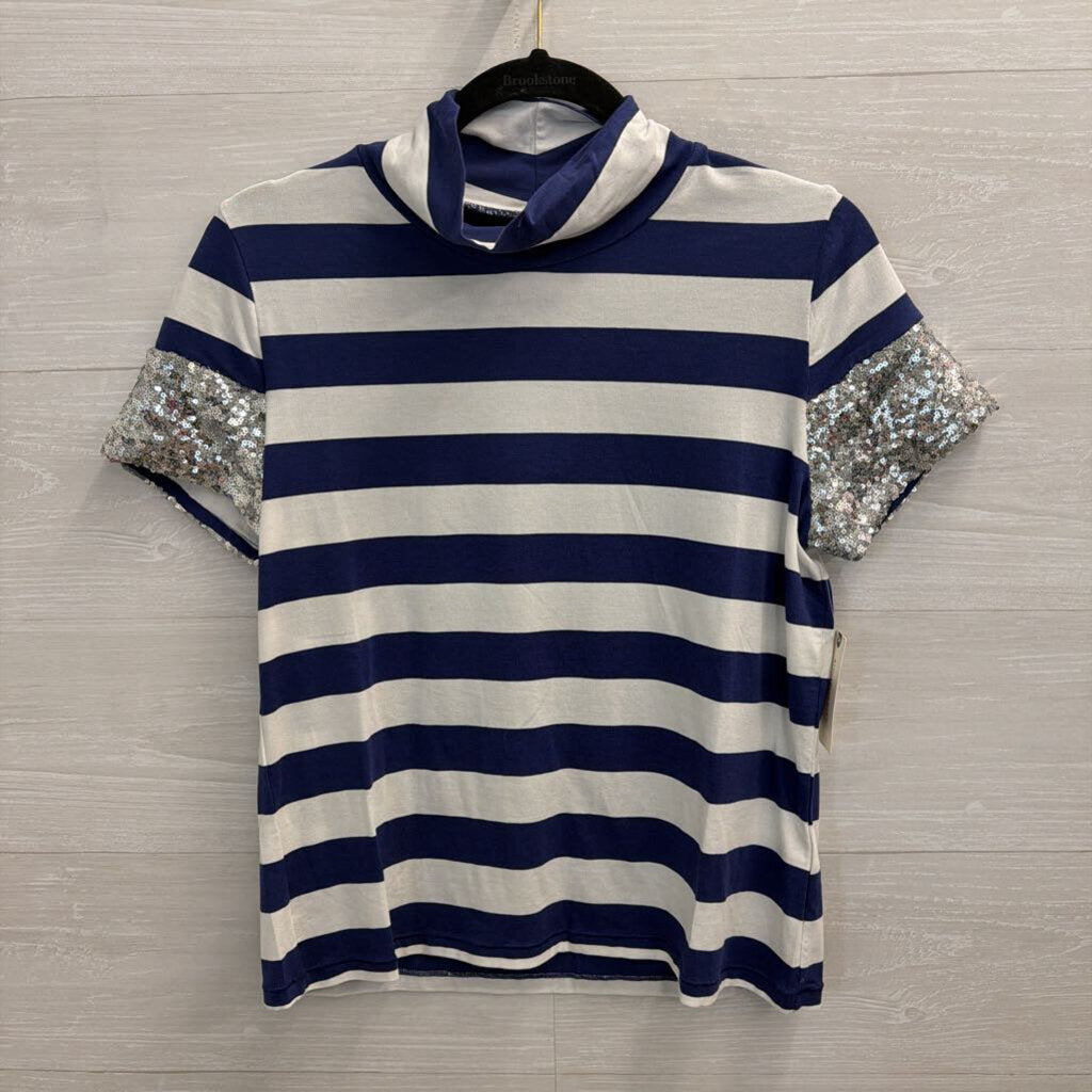 Maeve Navy/ White Striped Sequin Short Sleeve Top Small
