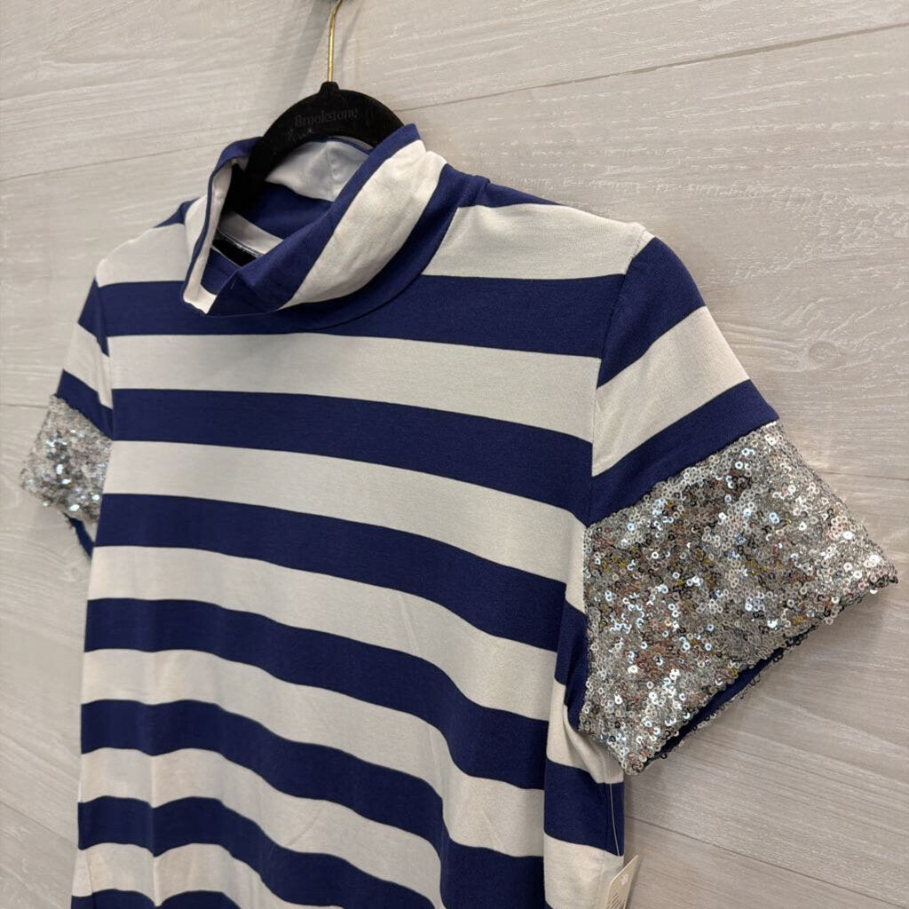 Maeve Navy/ White Striped Sequin Short Sleeve Top Small