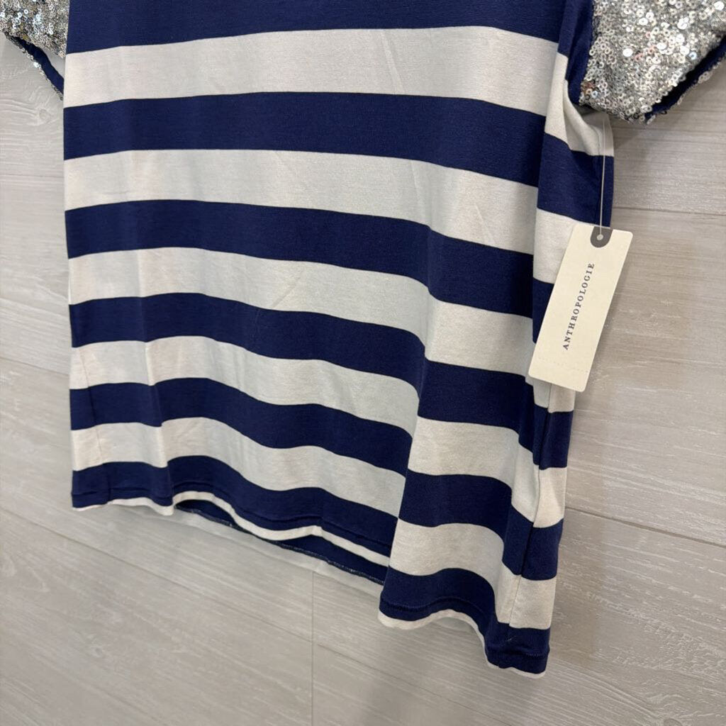 Maeve Navy/ White Striped Sequin Short Sleeve Top Small