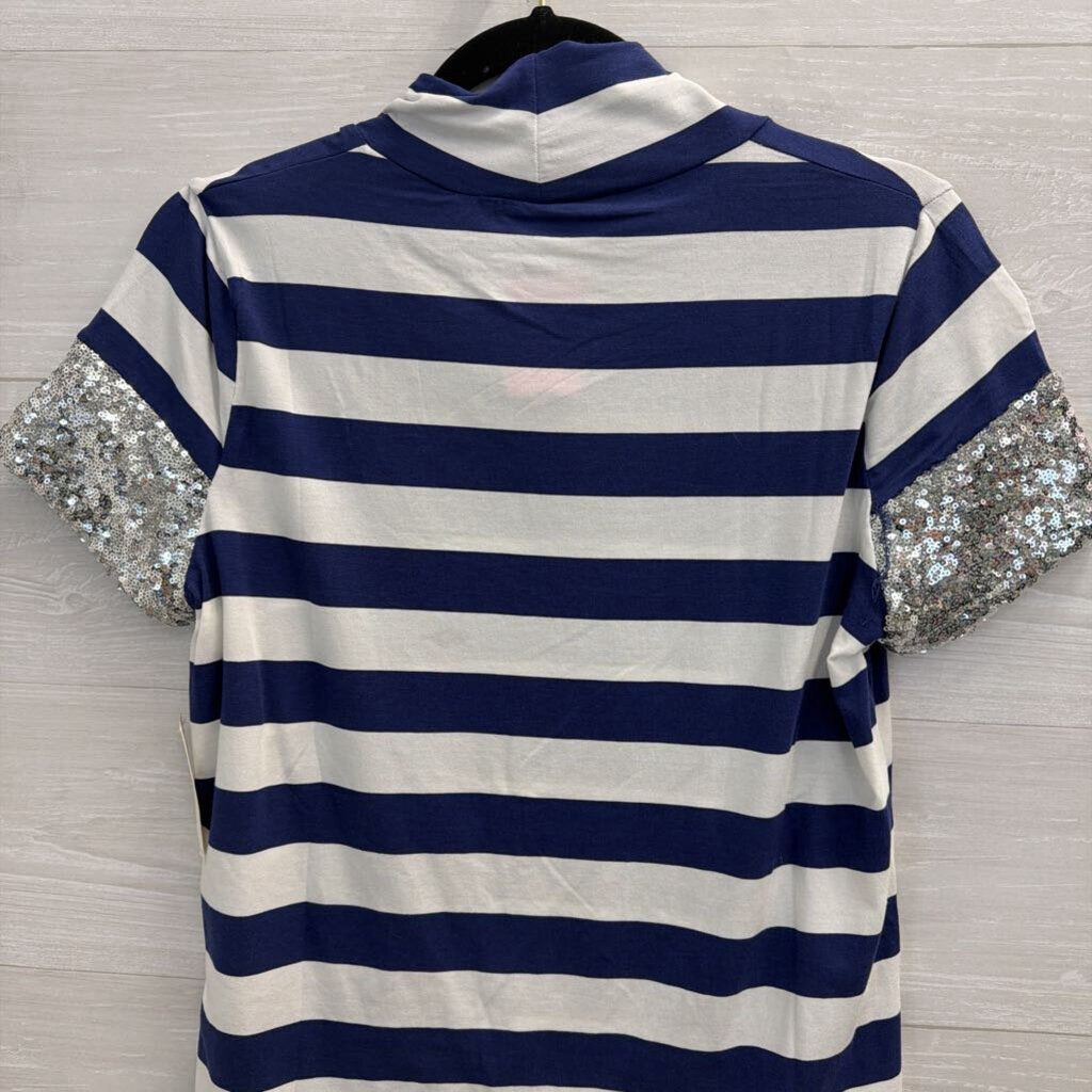 Maeve Navy/ White Striped Sequin Short Sleeve Top Small