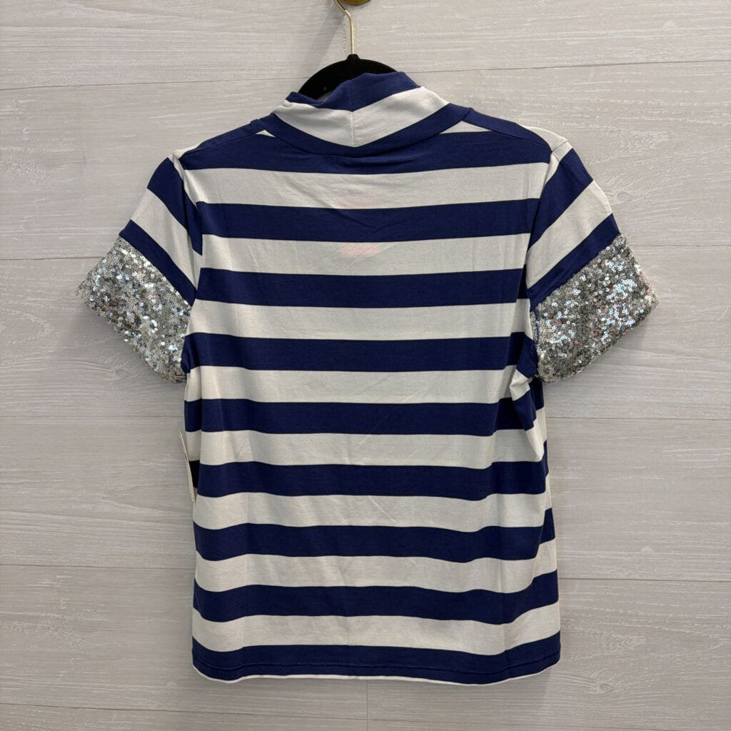 Maeve Navy/ White Striped Sequin Short Sleeve Top Small