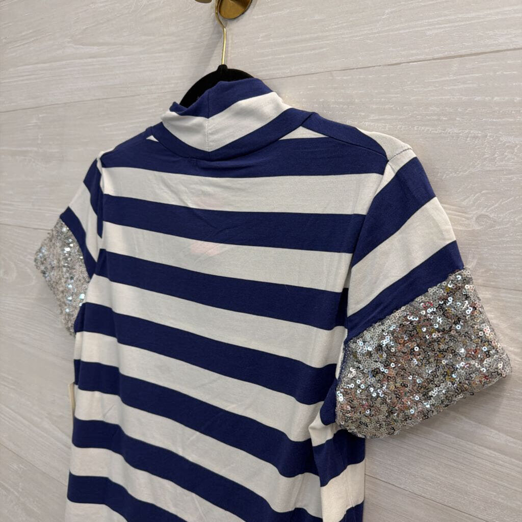 Maeve Navy/ White Striped Sequin Short Sleeve Top Small
